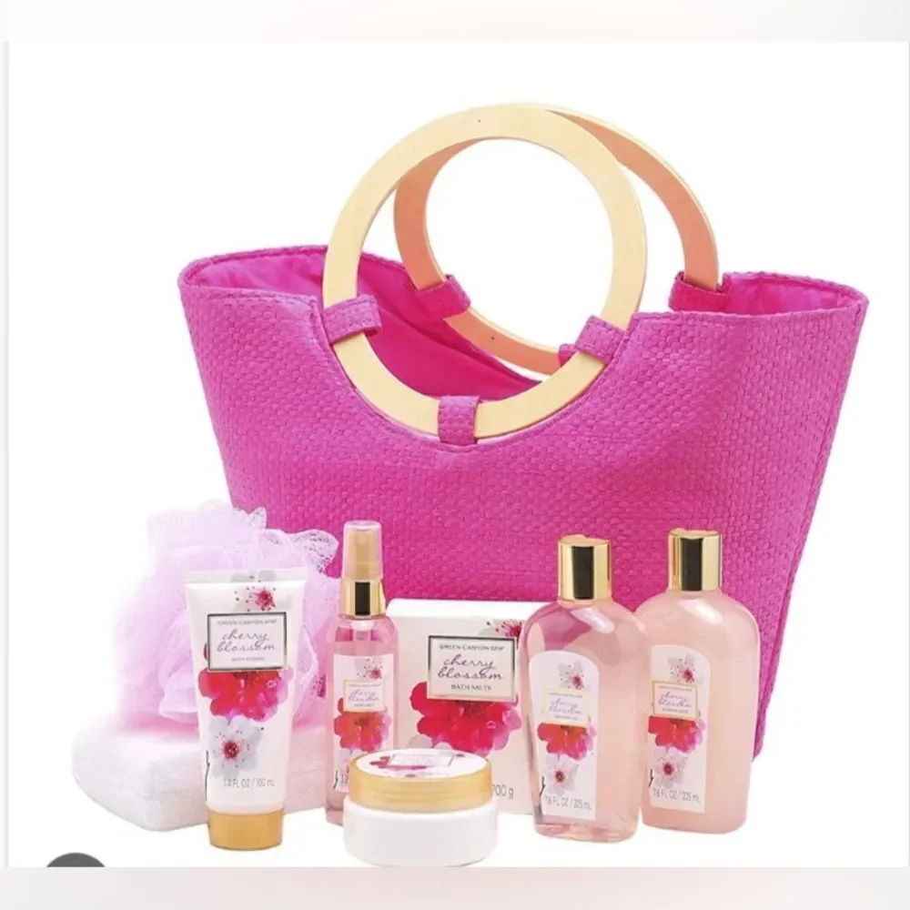 NEW Green Canyon Spa Gift Set PINK CHERRY BLOSSOM tote lotion gel bubble bath